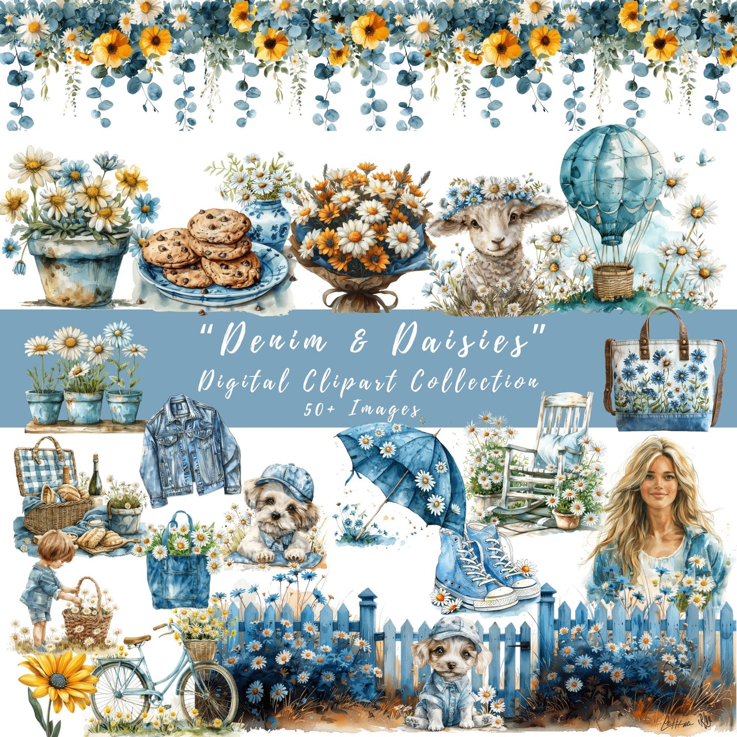 Digital Clipart, "Denim & Daisies", Springtime Edition