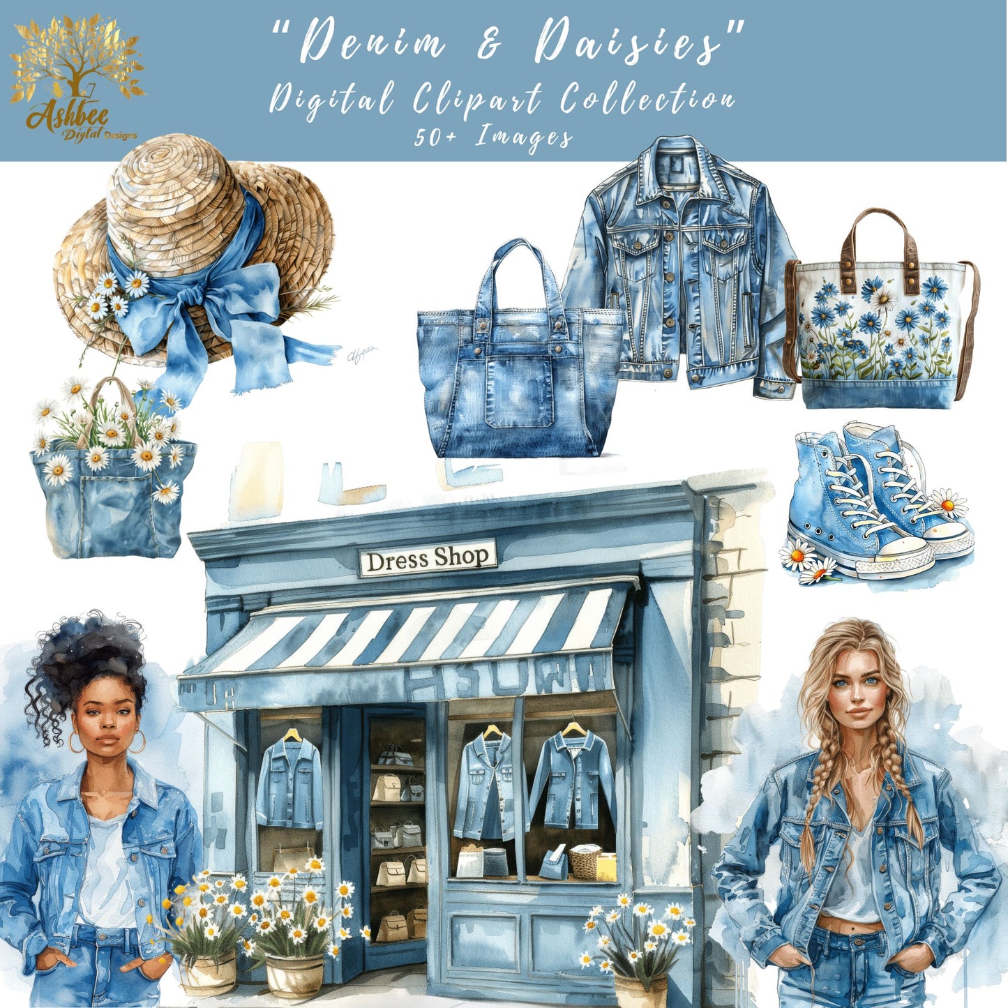 Digital Clipart, "Denim & Daisies", Springtime Edition