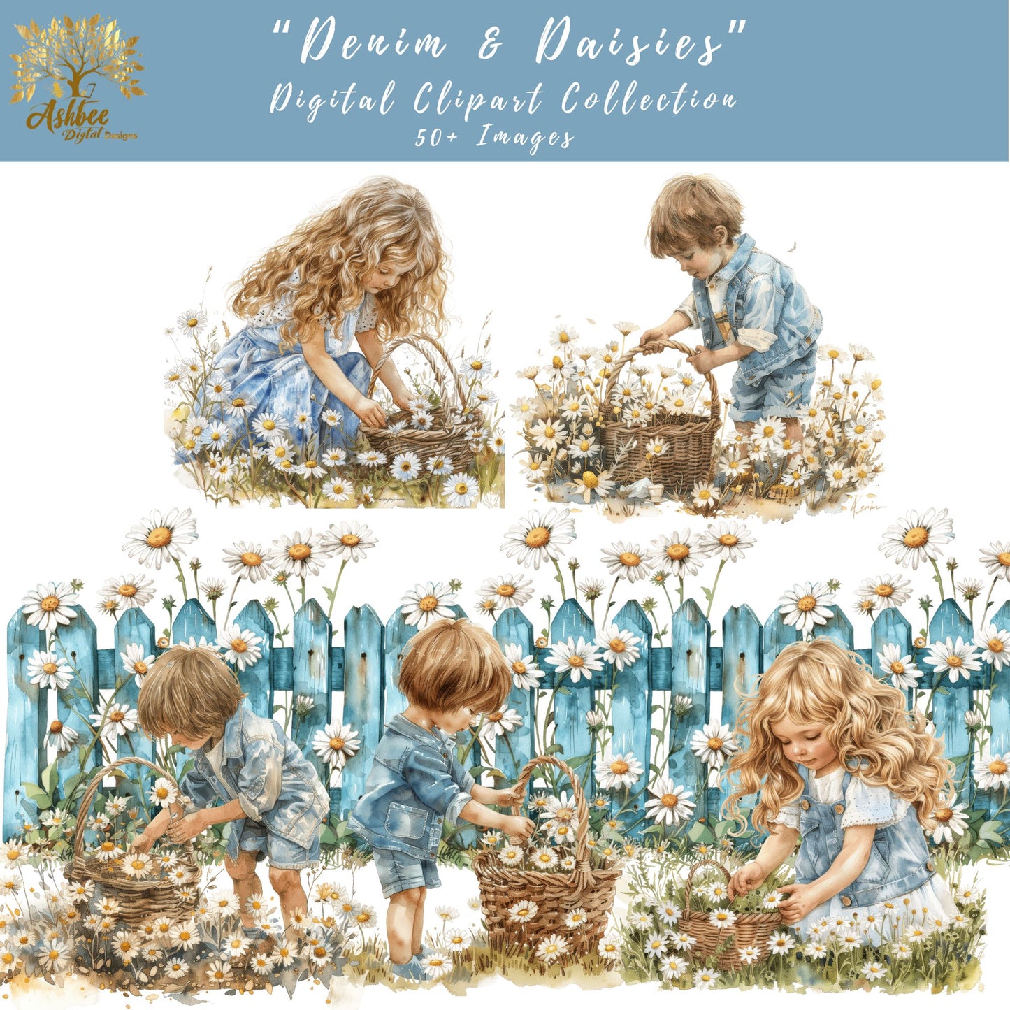 Digital Clipart, "Denim & Daisies", Springtime Edition