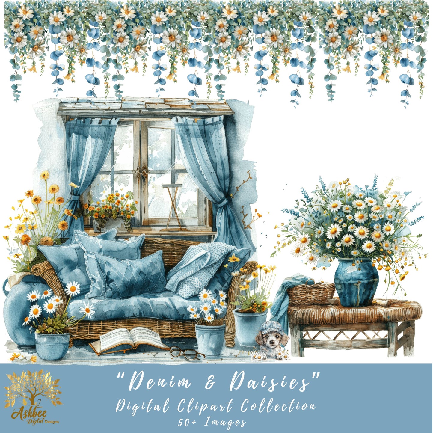 Digital Clipart, "Denim & Daisies", Springtime Edition