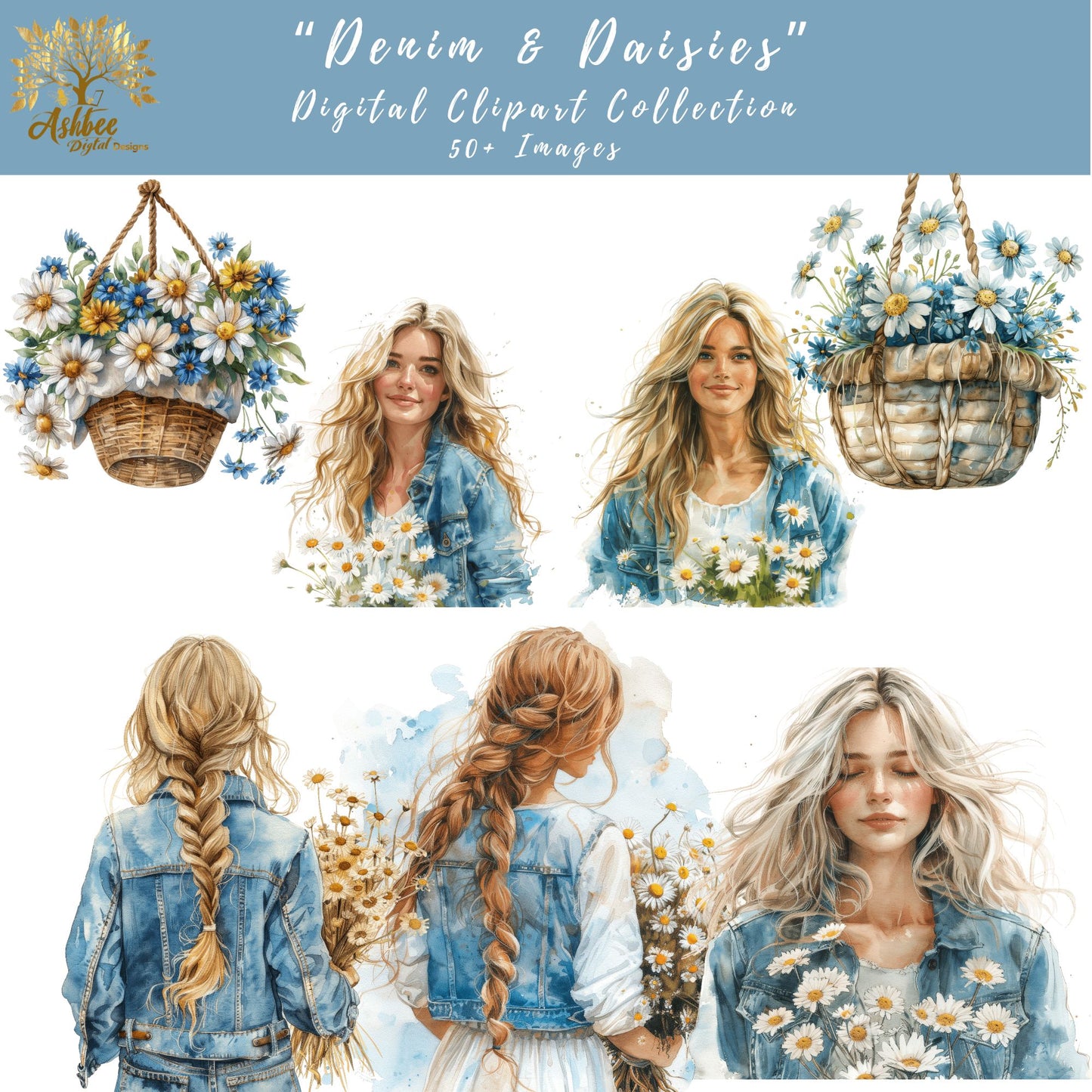 Digital Clipart, "Denim & Daisies", Springtime Edition