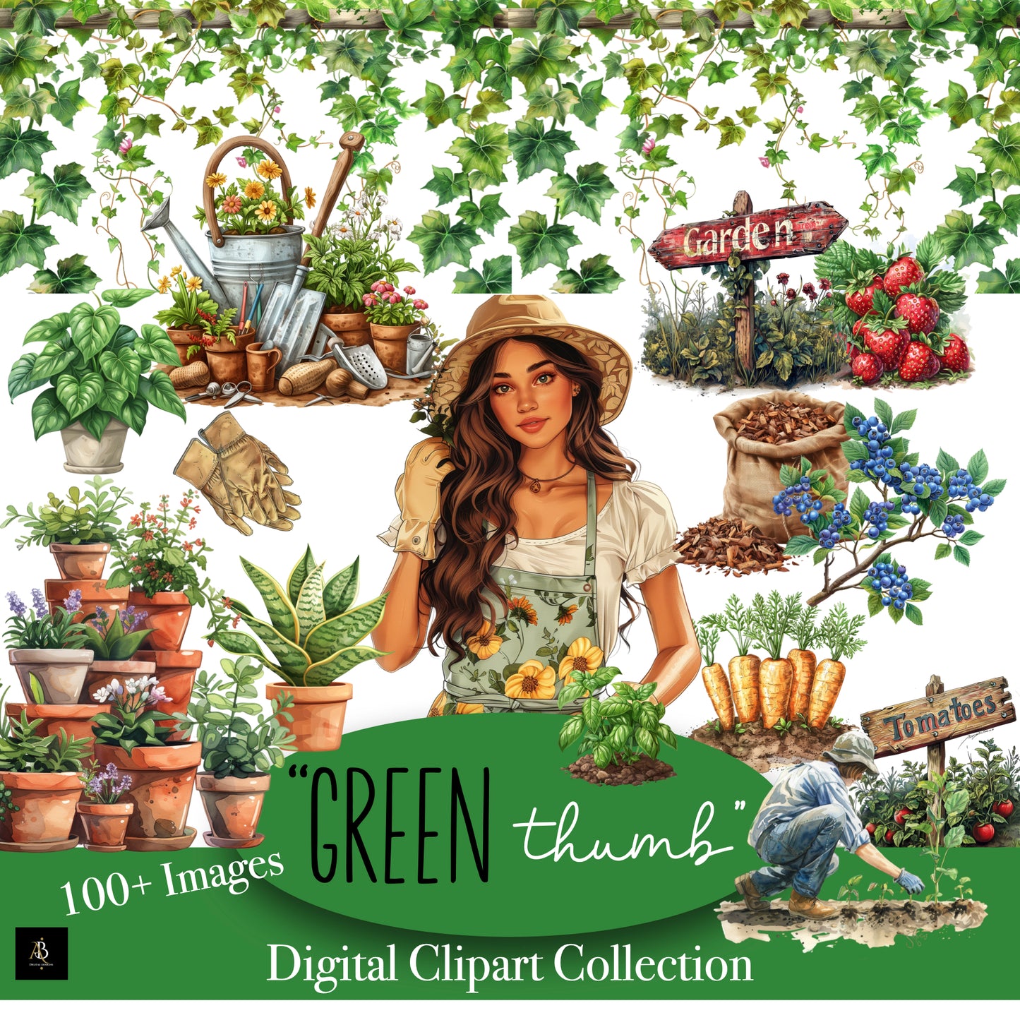 Digital Clipart "Green Thumb"|for Digital Planner |100+ PNG's|Springtime Plants|Gardening| Farmers Market