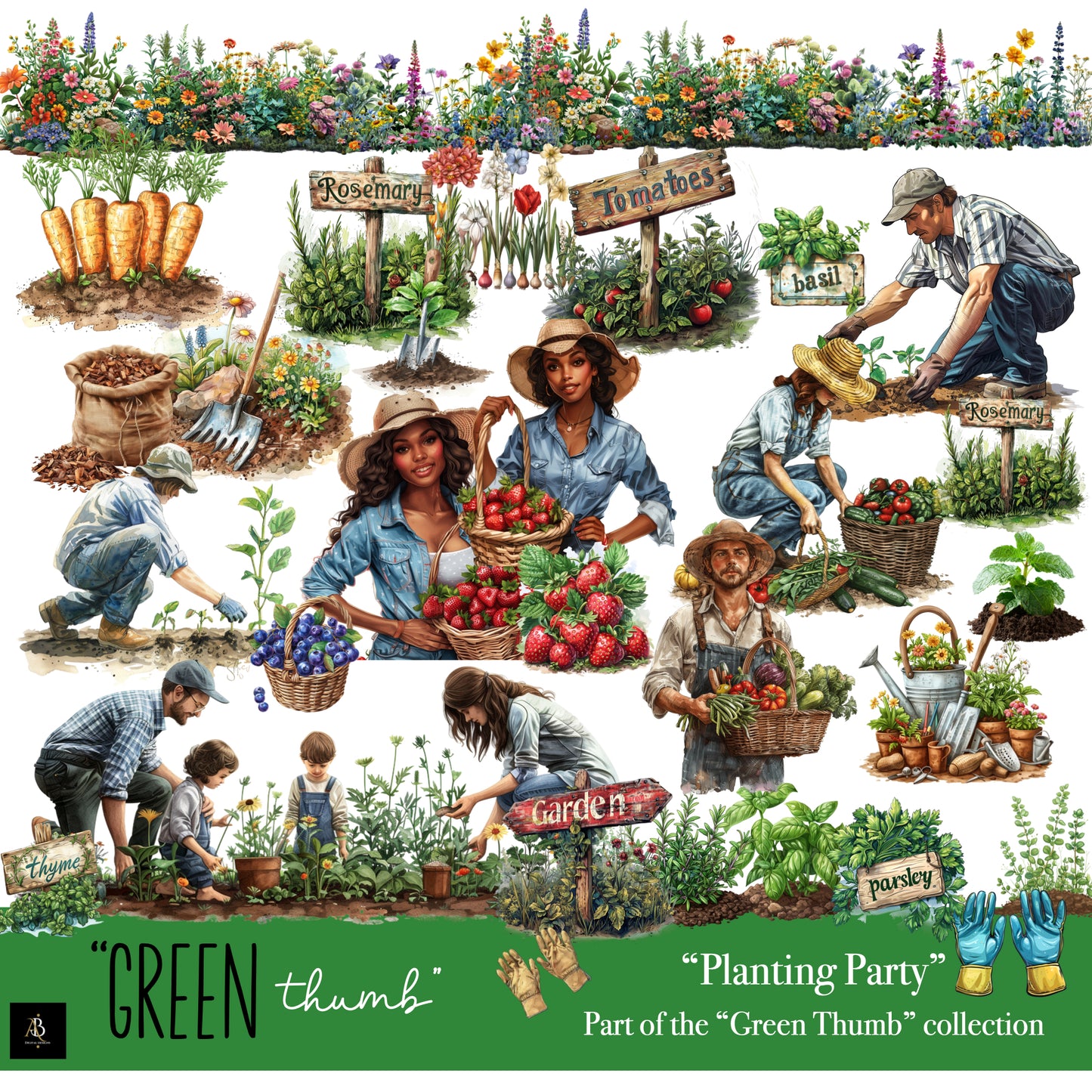 Digital Clipart "Green Thumb"|for Digital Planner |100+ PNG's|Springtime Plants|Gardening| Farmers Market